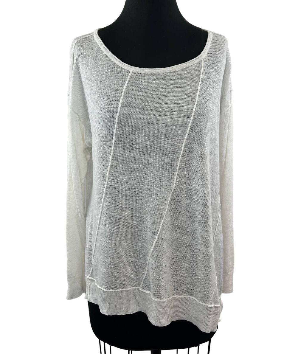 EILEEN FISHER White Organic Linen Long Sleeve Scoop Neck Lightweight Sweater L